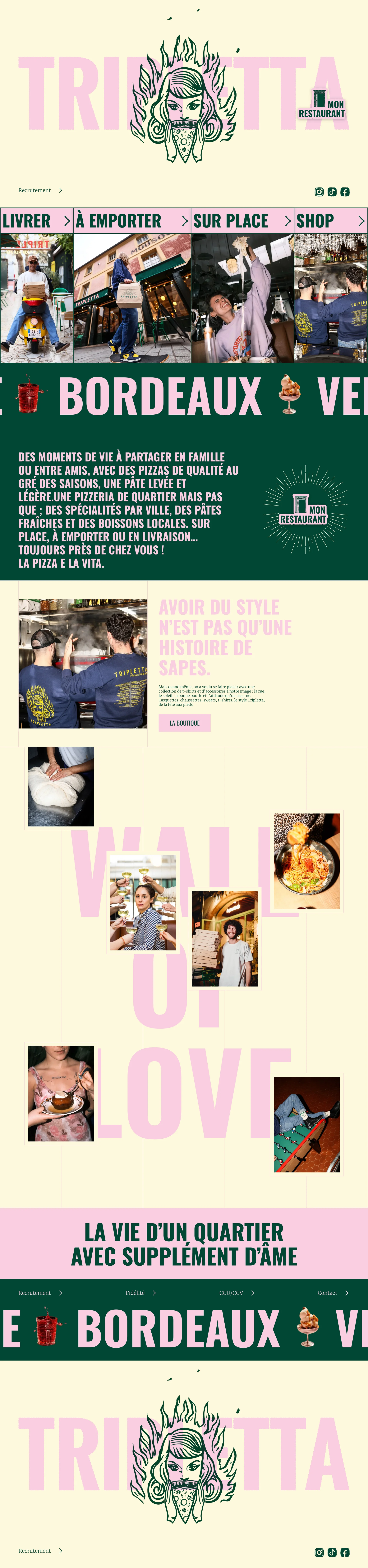 Tripletta Landing Page Example: A light and yeasty dough, authentic recipes, a unique atmosphere at each address. Tripletta, the neighborhood pizzeria where pizza has character.