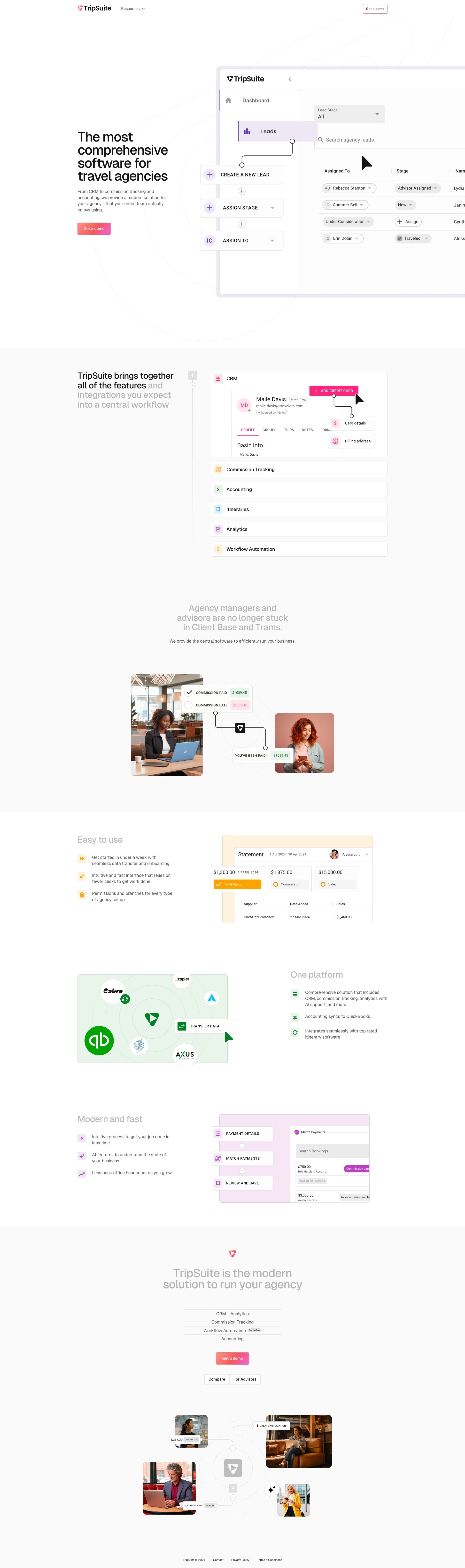 TripSuite Landing Page Example: The most comprehensive software for travel agencies. From CRM to commission tracking and accounting, we provide a modern solution for your agency—that your entire team actually enjoys using.
