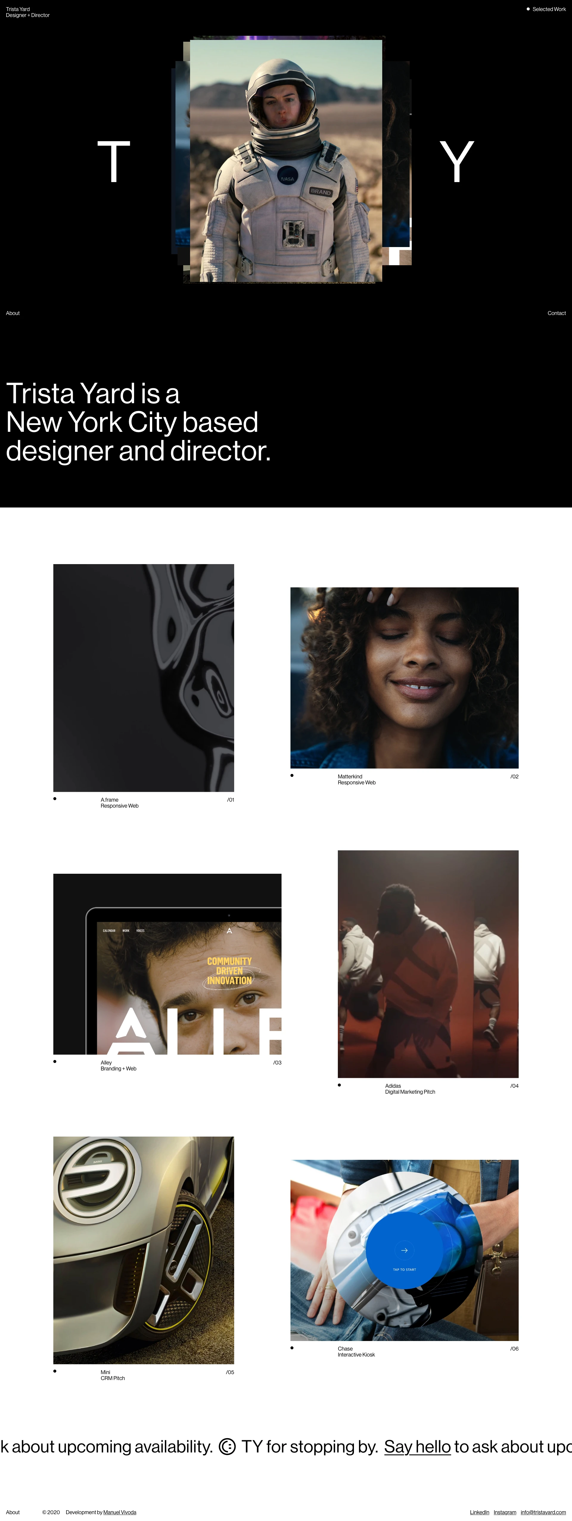 Trista Yard Landing Page Example: Selected work of Trista Yard, New York City based designer and creative director.