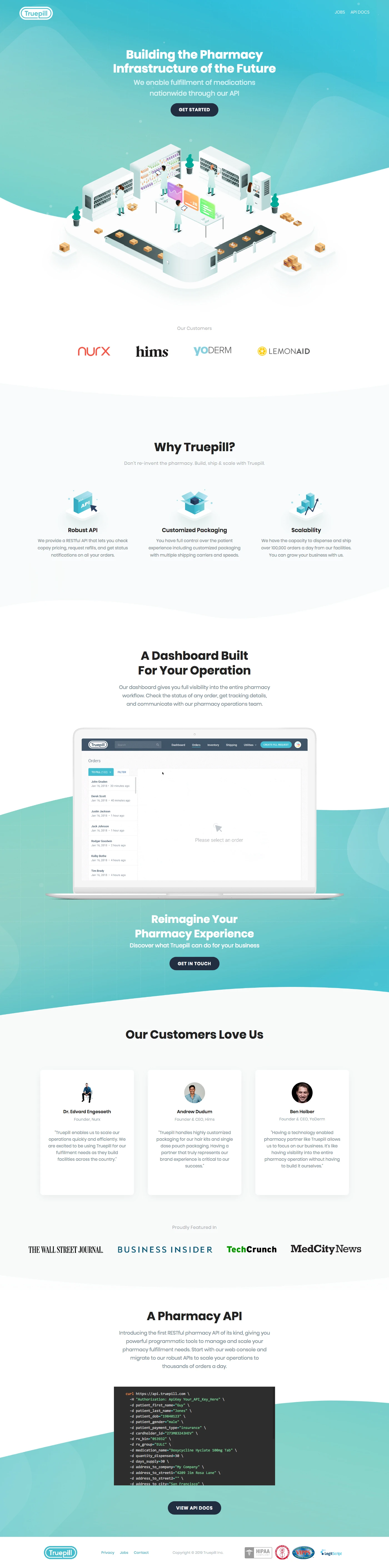 Truepill Landing Page Example: We enable fulfillment of medications nationwide through our API. Don’t re-invent the pharmacy. Build, ship & scale with Truepill.