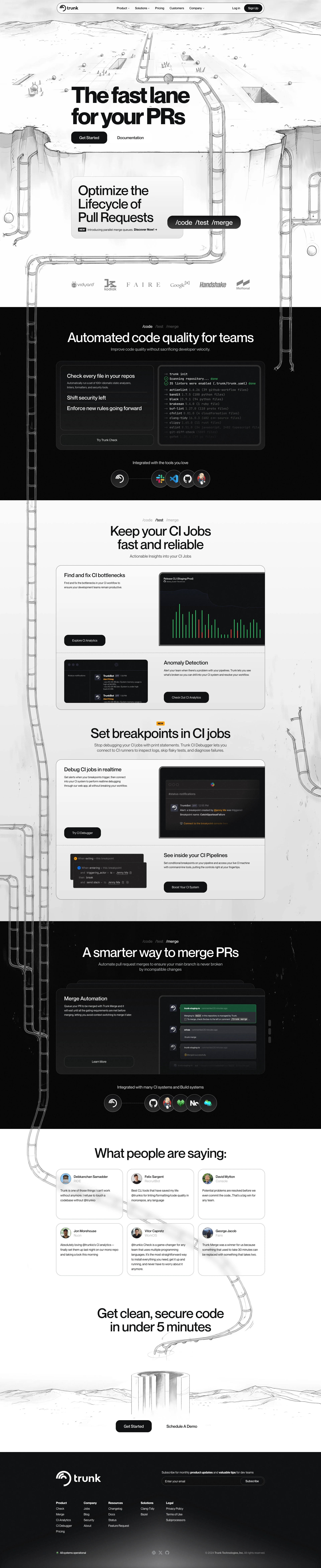 Trunk Landing Page Example: Bringing industry-leading best practices to every repo, from a one person hobby project to a thousands-strong engineering organization.