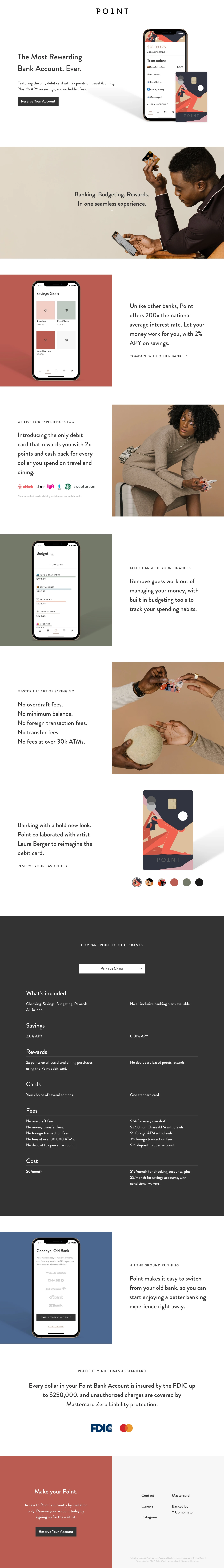 POINT Landing Page Example: The only debit card that rewards you, with 2x points on travel & dining. Plus 2% APY on savings. No fees.