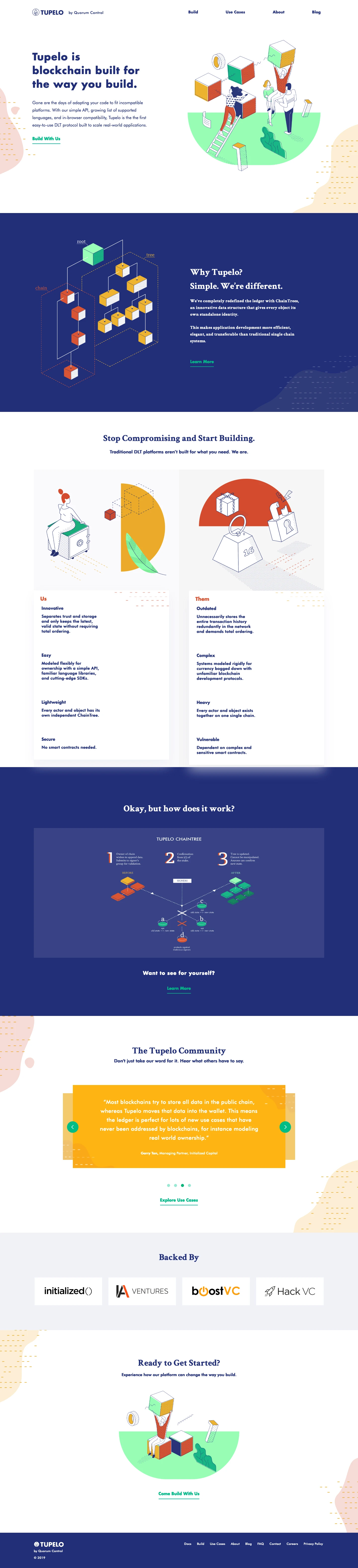 Tupelo Landing Page Example: Tupelo is blockchain built for the way you build. Gone are the days of adapting your code to fit incompatible platforms. With our simple API, growing list of supported languages, and in-browser compatibility, Tupelo is the the first easy-to-use DLT protocol built to scale real-world applications.