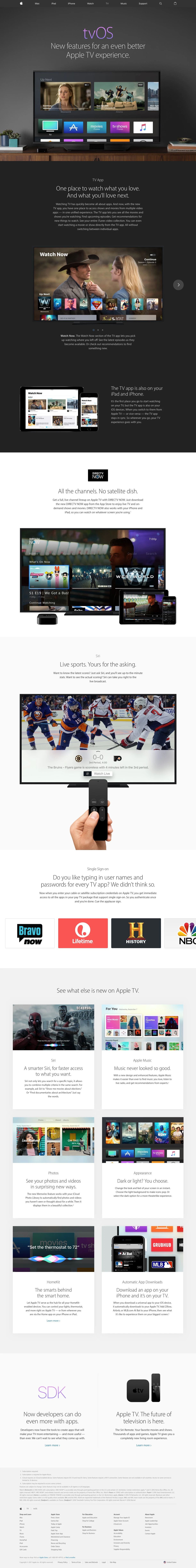 tvOS - Apple Landing Page Example: The new TV app lets you see all your favorites in one place. And now you can watch live sports just by asking Siri.