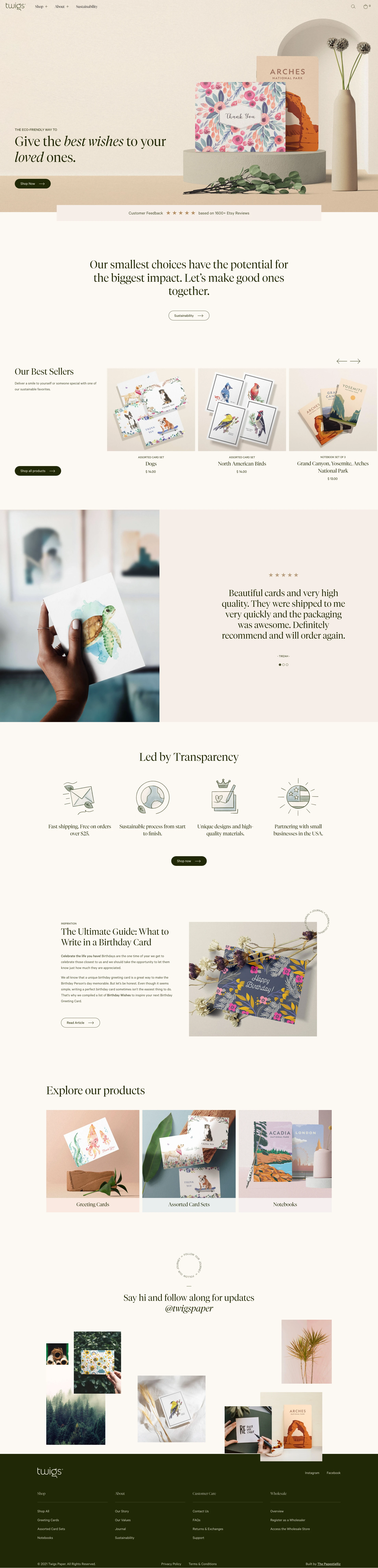 Twigs Paper Landing Page Example: Discover our Sustainable Greeting Cards, Notebooks & Stationery for all occasions. Printed on 100% Recycled Paper & Proudly made in the USA. Fast plastic-free Shipping!