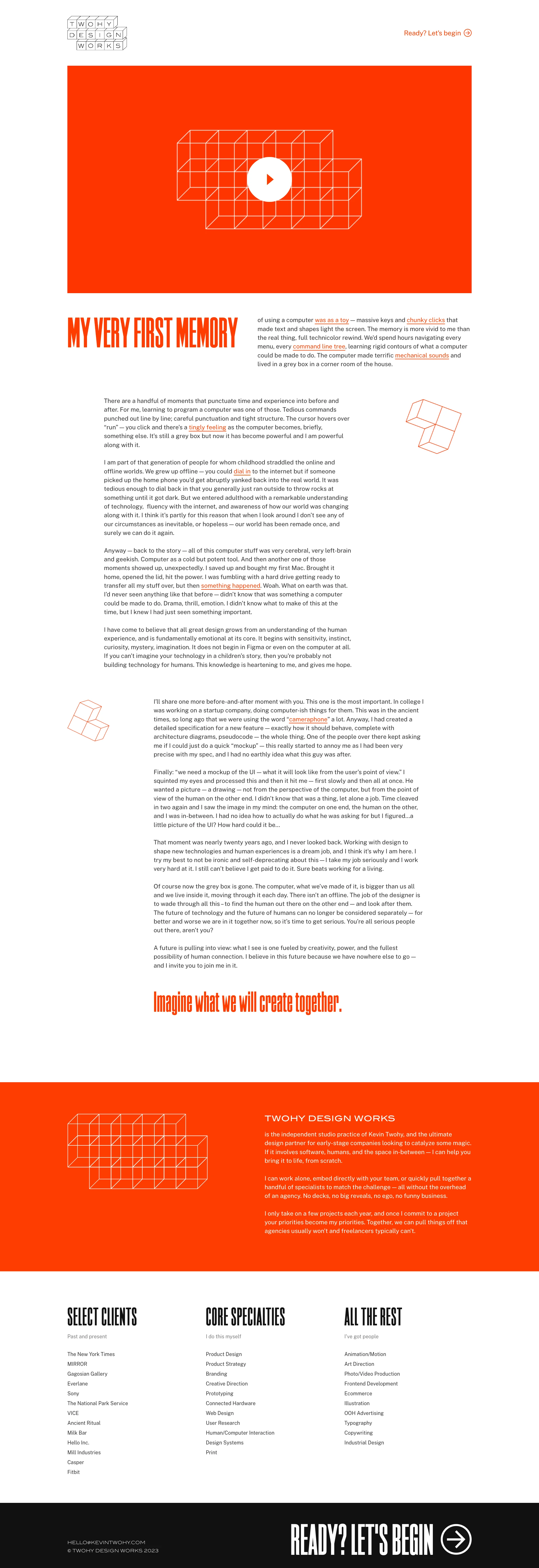 Twohy Design Works Landing Page Example: Zero-to-one product design, brand and strategy for ambitious toys and serious business. Ready? Let’s begin.