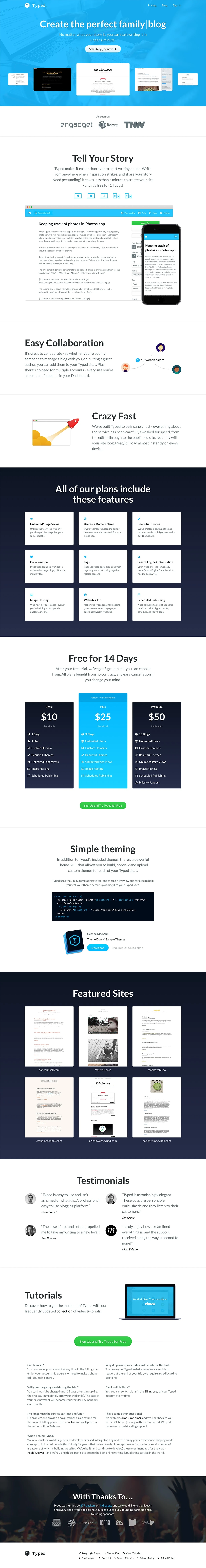 Typed Landing Page Example: Typed is a better blogging service that allows you to build and collaborate on websites from anywhere, on any device.