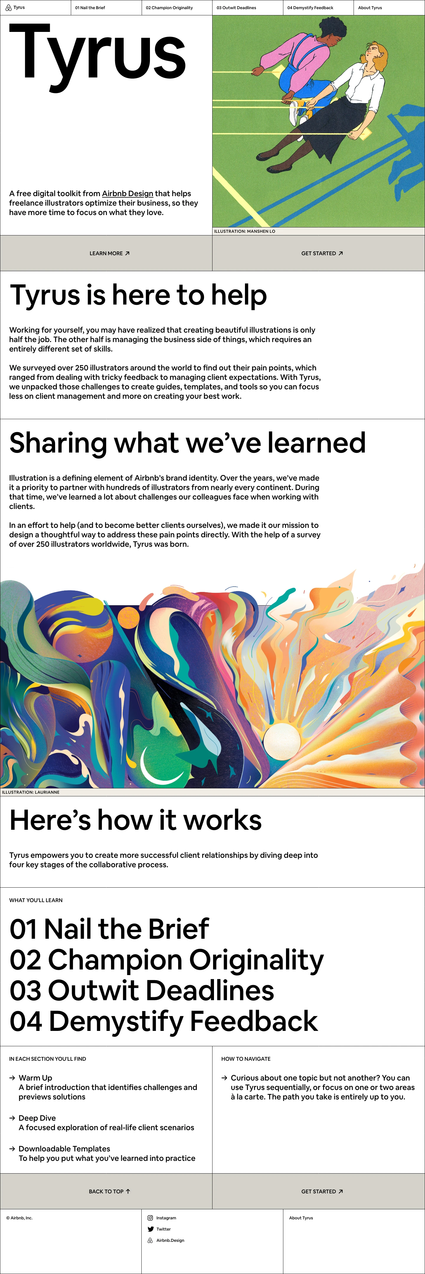 Tyrus Landing Page Example: Tyrus is a free digital toolkit from Airbnb Design that helps freelance illustrators optimize their business, so they have more time to focus on what they love.