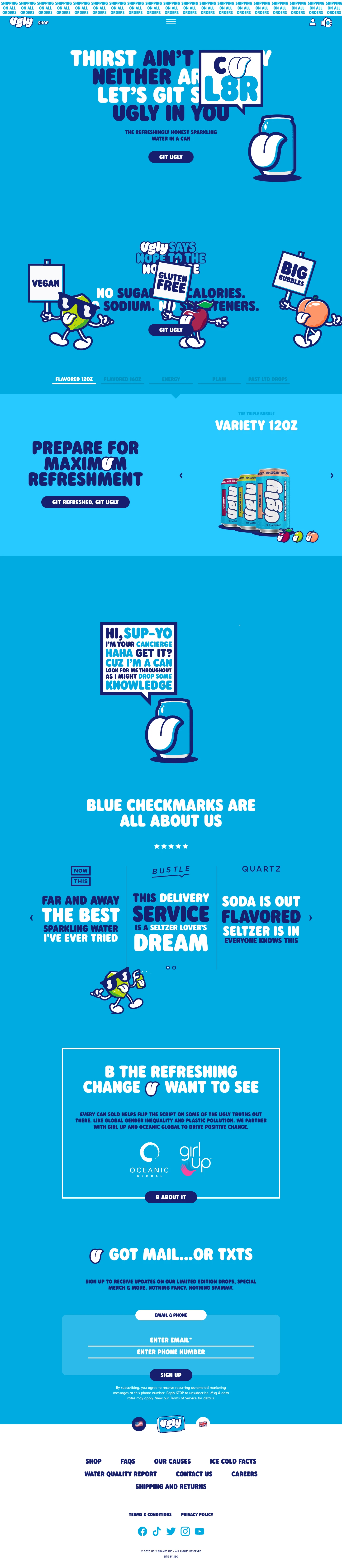 Ugly Drinks Landing Page Example: Sparkling waters, flavored seltzers & energy drinks that taste better than they look. No Sugar. No Sweetener. No Nonsense.