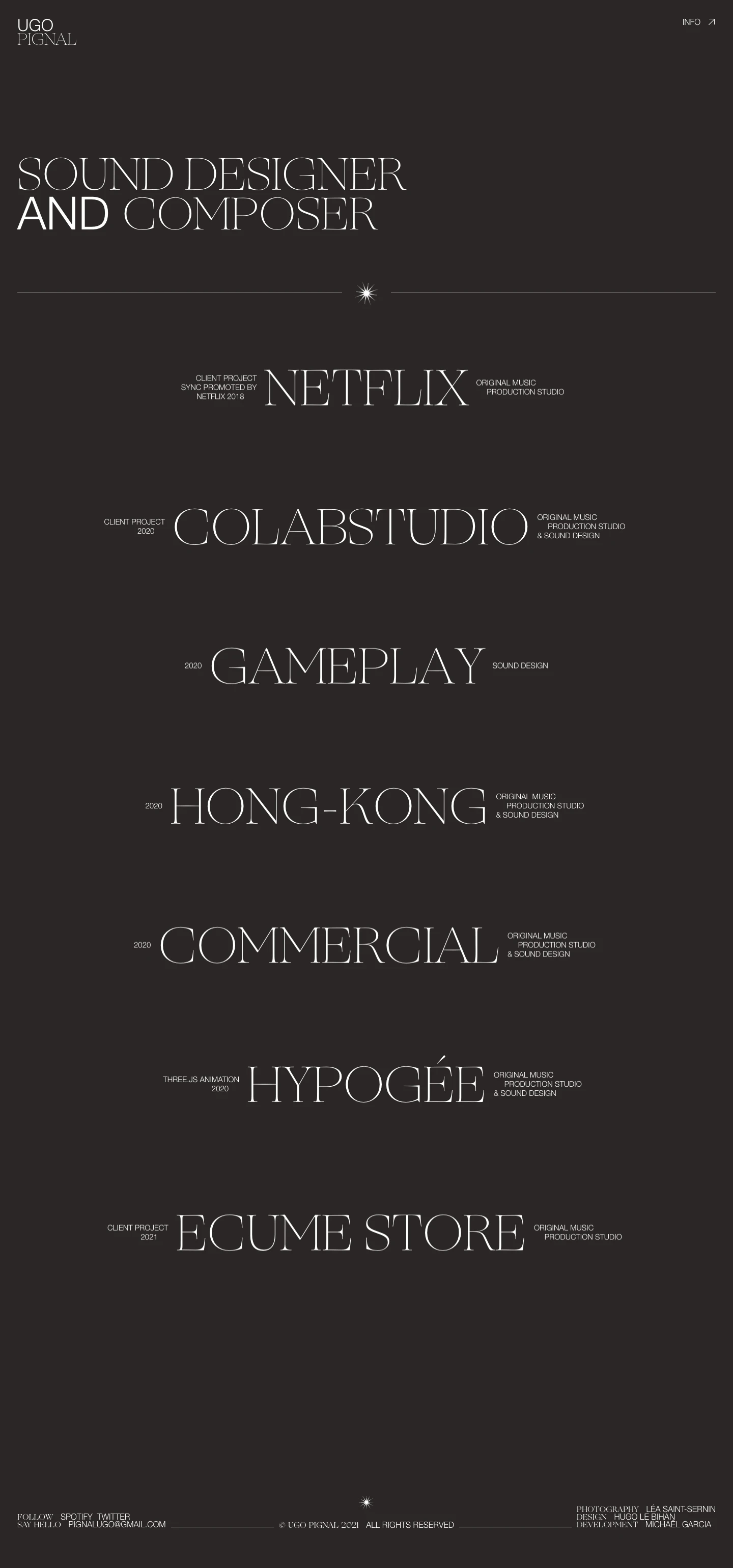 Ugo Pignal Landing Page Example: Music composer & sound designer passionate about creative music and sound content. I can deliver hand-crafted audio for commercials, motion graphics, animations and other media.