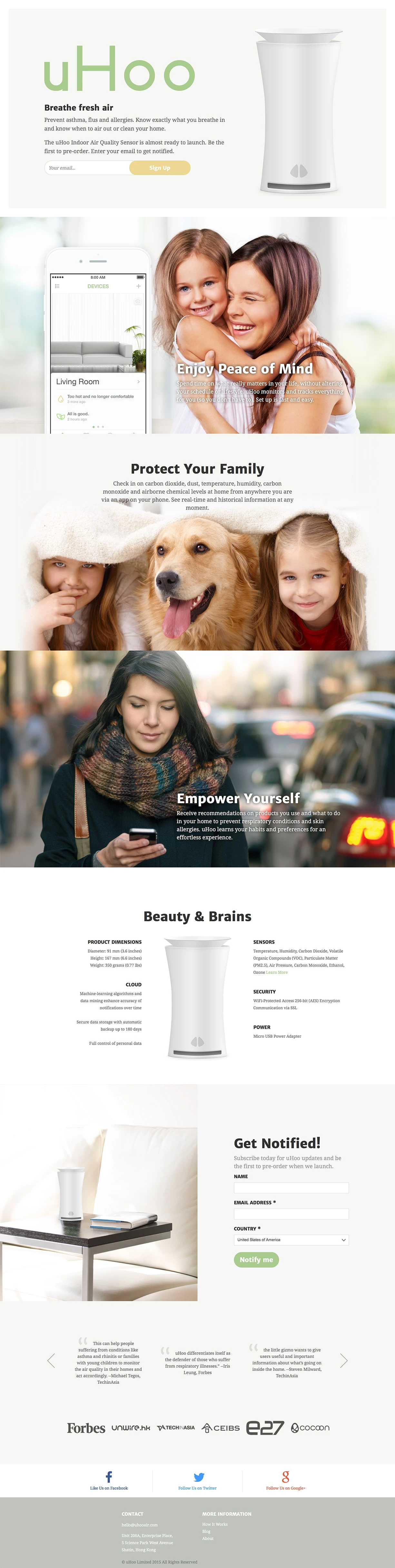 uHoo Landing Page Example: uHoo is a beautiful indoor air quality sensor that understands how the air you breathe affects your health to provide you with personalized alerts.