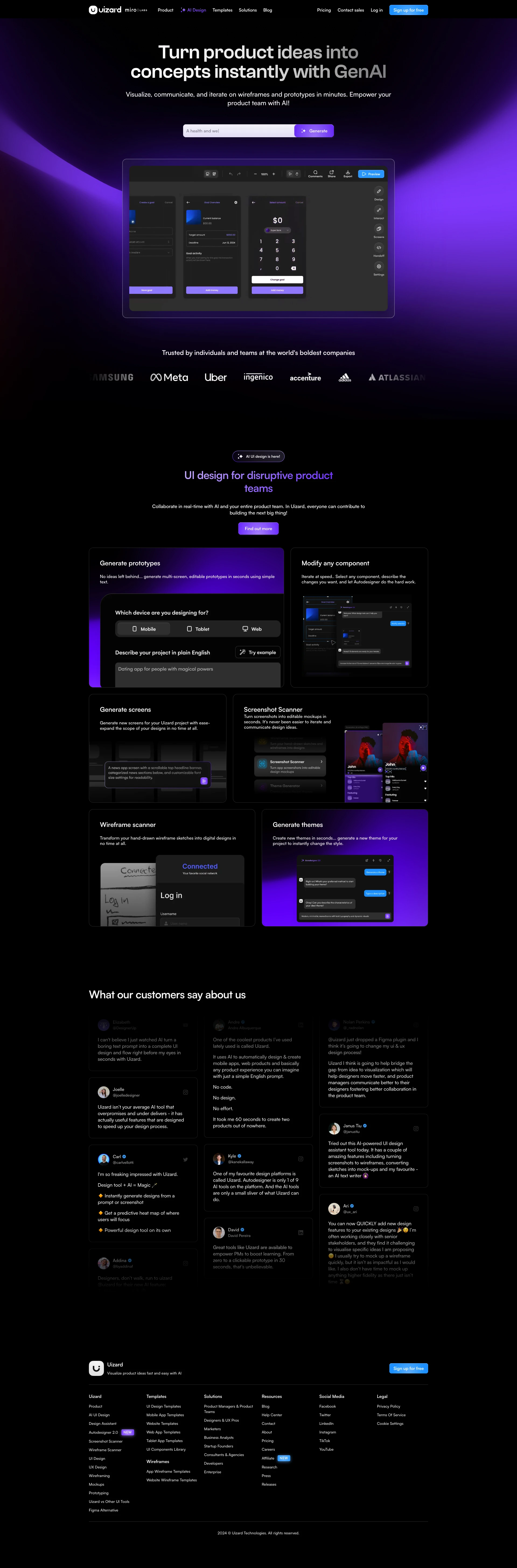 Uizard Landing Page Example: Turn product ideas into concepts instantly with GenAI. Visualize, communicate, and iterate on wireframes and prototypes in minutes. Empower your product team with AI!