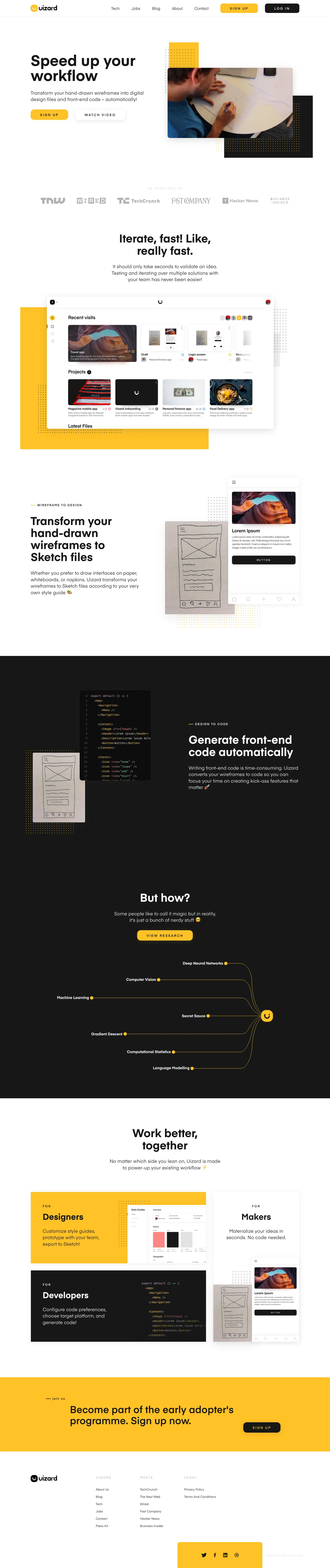 Uizard Landing Page Example: Uizard, the future of app development. Transform mobile hand-drawn wireframes automatically to Sketch and download the React Native code! Code less, create more.