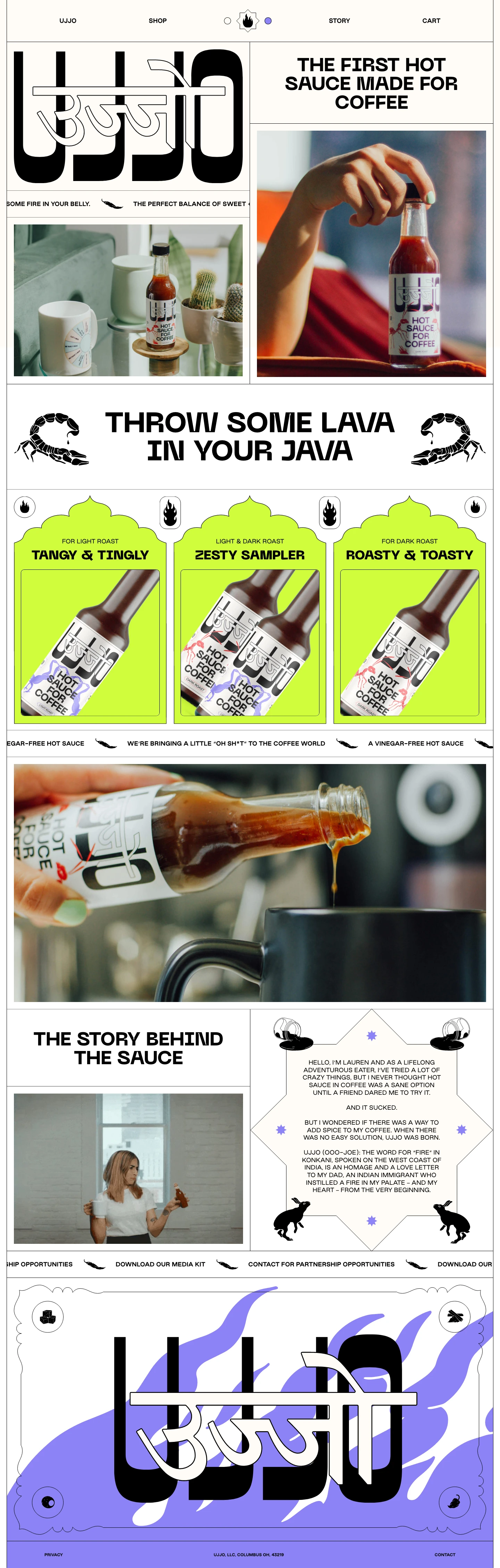 Ujjo Landing Page Example: Ujjo is the first hot sauce for coffee. With zero vinegar and a subtle sweetener base, Ujjo uses comforting ingredients like cinnamon, vanilla, and powdered chilis to create the perfect balance of sweet + heat in your favorite drink.