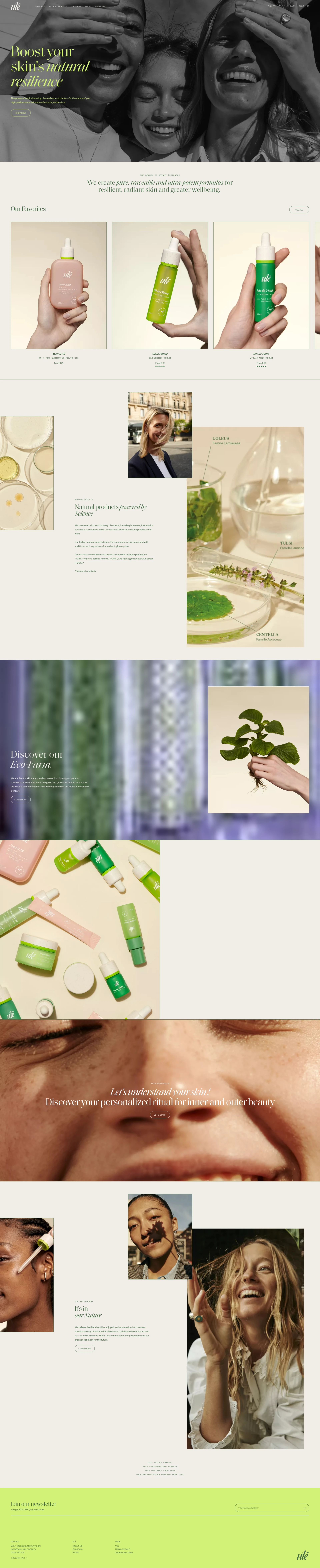 Ulé Landing Page Example: Ulé reinvents cosmetic care, using for the first time an avant-garde cultivation method to serve your skin. Cultivated in its vertical farm, plants bursting with molecules and nutrients are transformed into super-active extracts, to give you radiant skin.