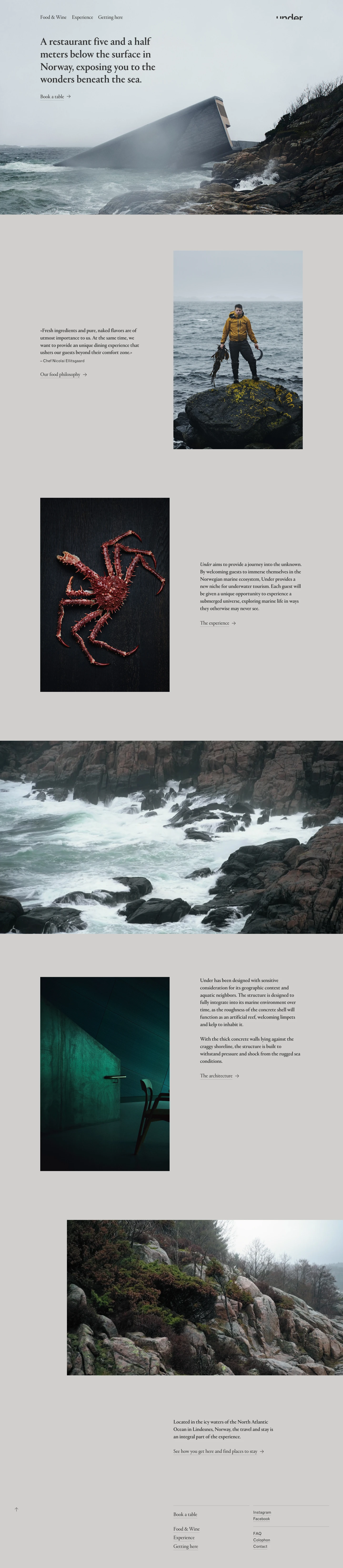 Under Landing Page Example: A restaurant five and a half meters below the surface in Norway, exposing you to the wonders beneath the sea.