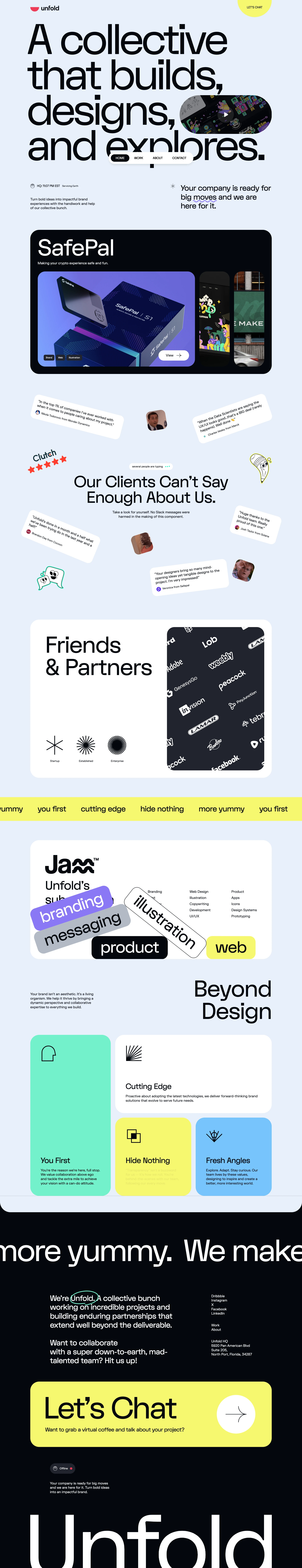 Unfold Landing Page Example: We are a collective network of like-minded builders, designers and explorers. From consulting, to design and development and motion and marketing.