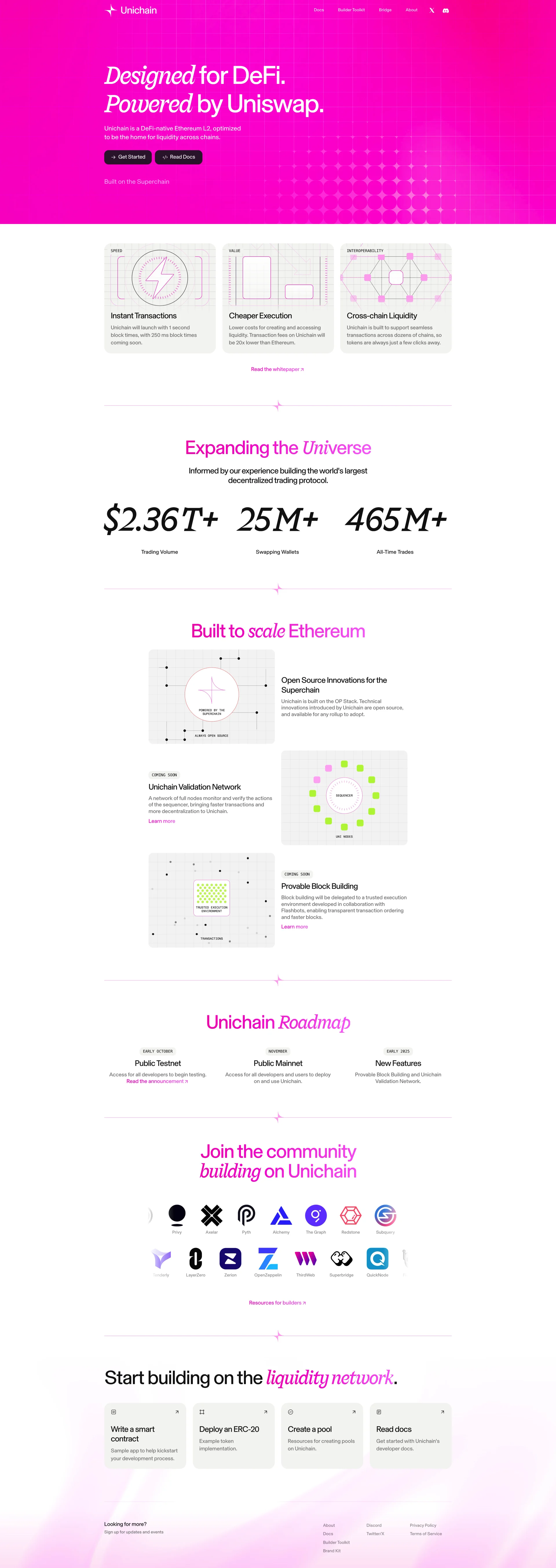 Unichain Landing Page Example: Designed for DeFi. Built by Uniswap. Unichain is a DeFi-native Ethereum L2, optimized to be the home for liquidity across chains.