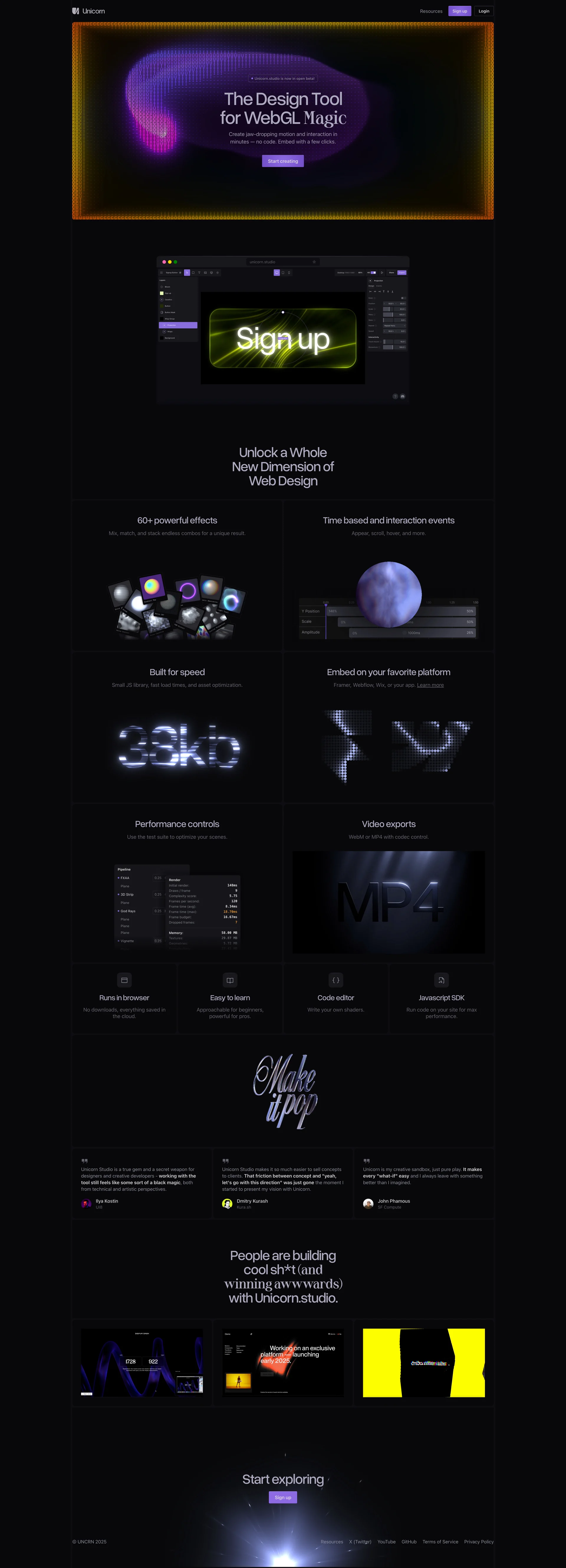 Unicorn.studio Landing Page Example: Create enchanting WebGL effects, motion, and interactivity — in minutes, not hours. Unicorn Studio makes WebGL easy for designers to embed in Framer, Webflow, or any website.