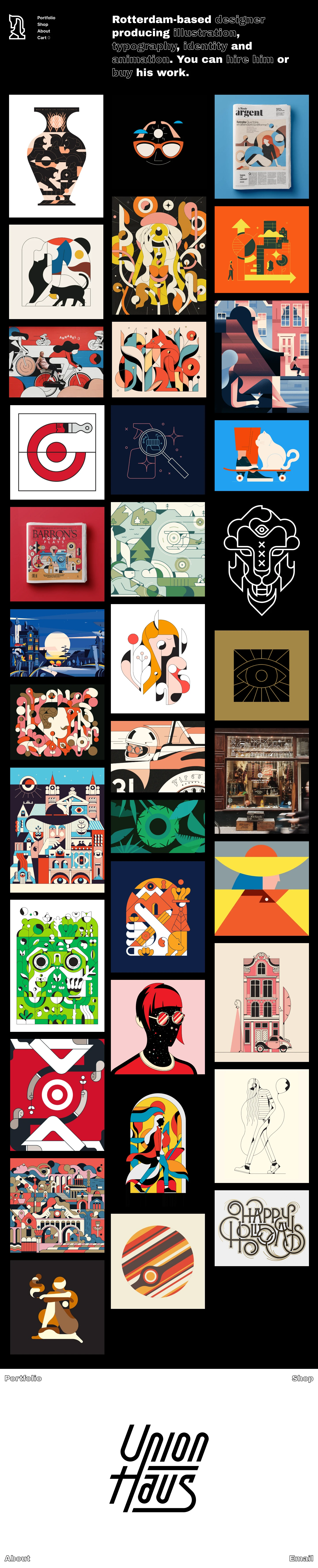 Union Haus Landing Page Example: Rotterdam-based designer producing illustration, typography, identity and animation. You can hire him or buy his work.