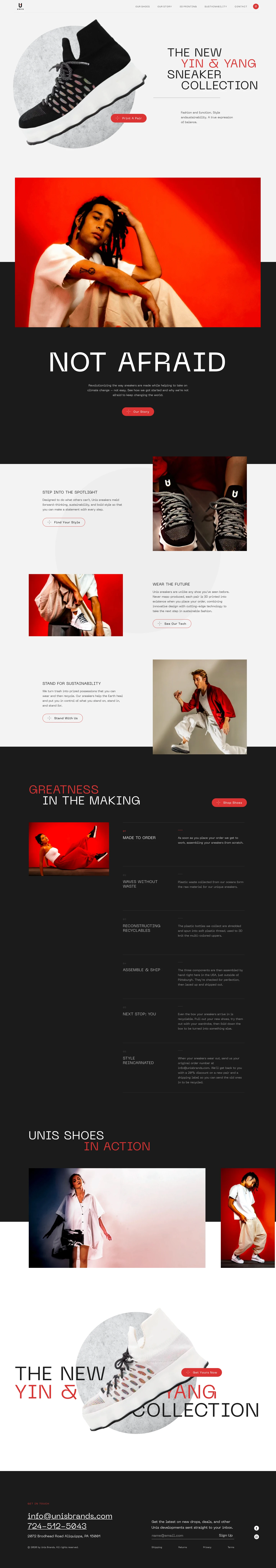 Unis Shoes Landing Page Example: We turn trash into prized possessions that you can wear and then recycle. Our sneakers help the Earth heal and put you in control of what you stand on, stand in, and stand for.