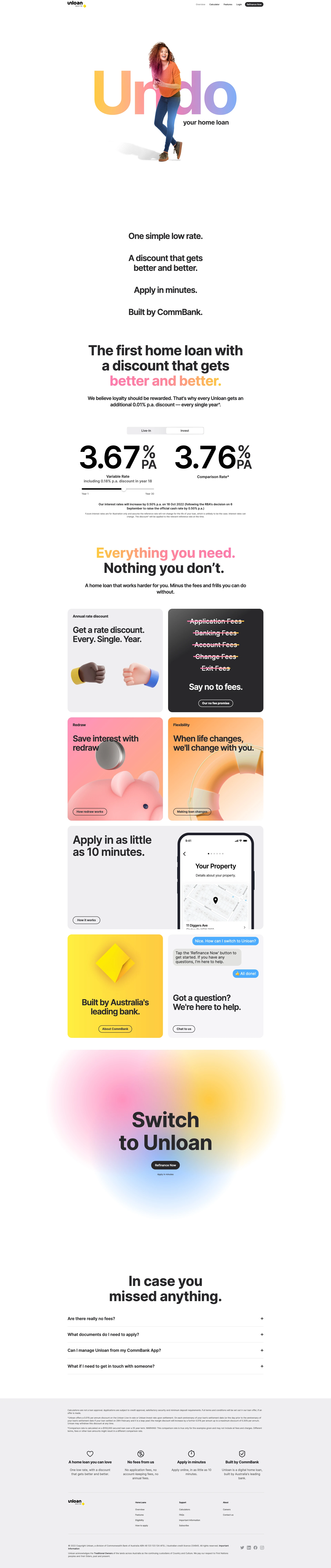 Unloan Landing Page Example: A new kind of home loan. One low rate, a discount that gets better every year, and no fees from us. Apply in minutes.