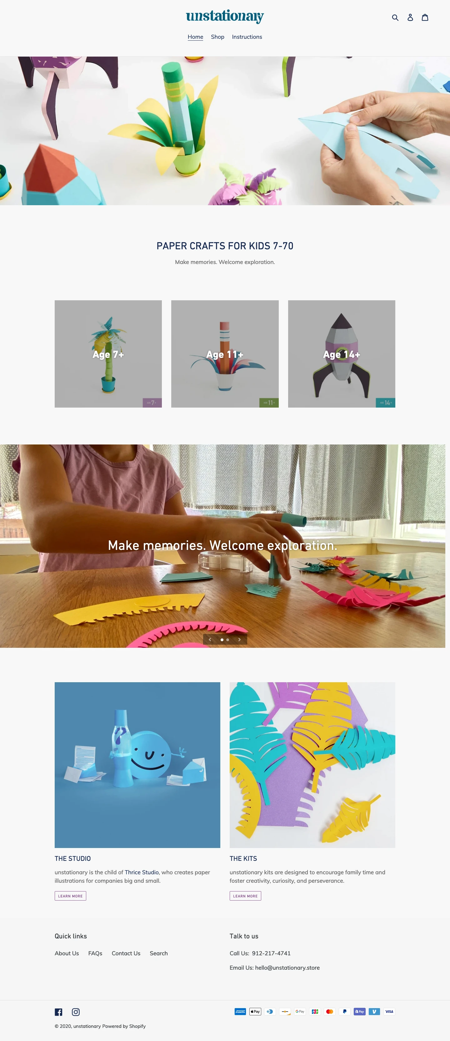 unstationary Landing Page Example: Pre-cut paper craft kits for kids and adults. Perfect for dates, family time, and creative exercises. Make memories and explore paper craft through guided kits using either printable or video instructions.