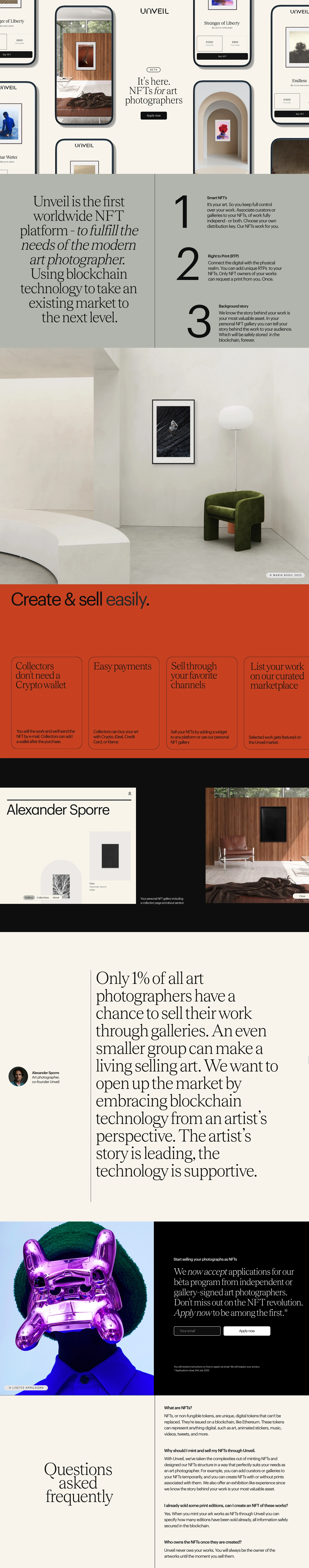Unveil Landing Page Example: Unveil is the first worldwide NFT platform - to fulfill the needs of the modern art photographer.  Using blockchain technology to take an existing market to the next level.