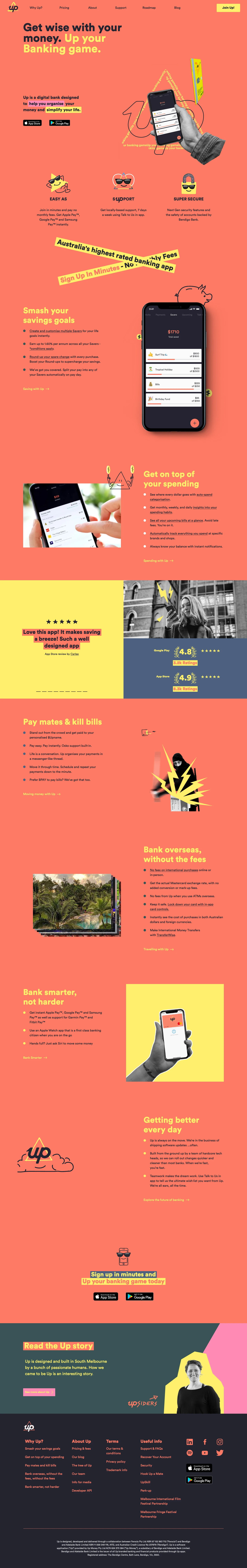 Up Landing Page Example: Up is a digital bank designed to help you organise your money and simplify your life.
