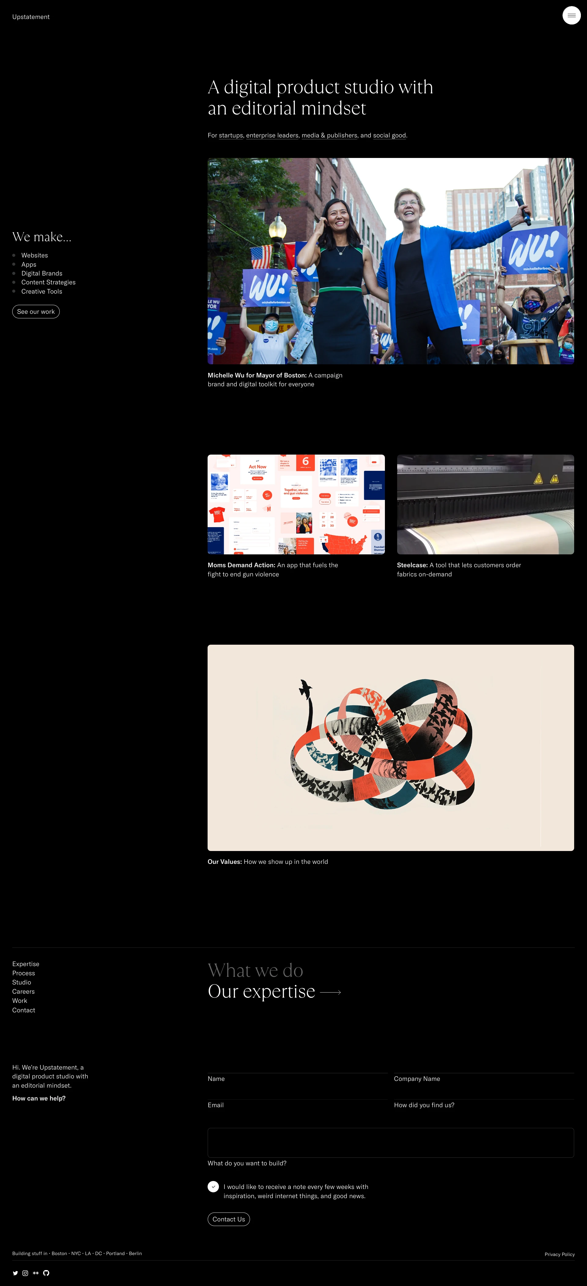 Upstatement Landing Page Example: Upstatement is a digital product studio with an editorial mindset.