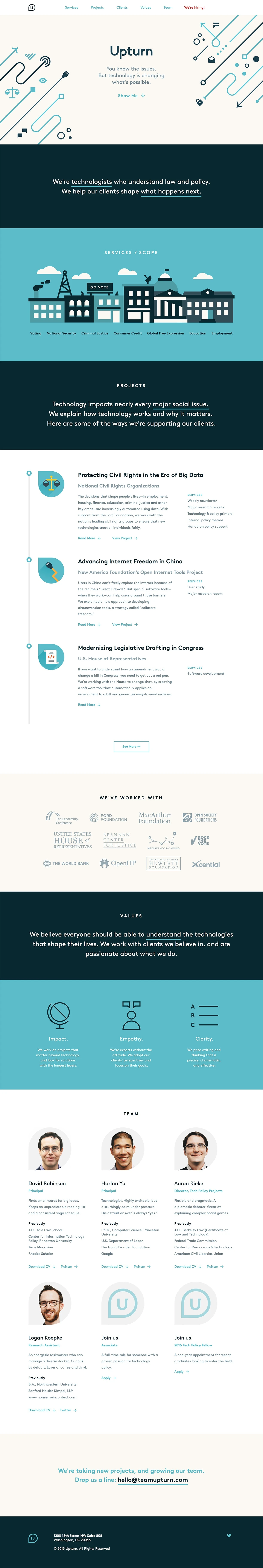 Upturn Landing Page Example: Technology impacts nearly every major social issue. We explain how technology works and why it matters.