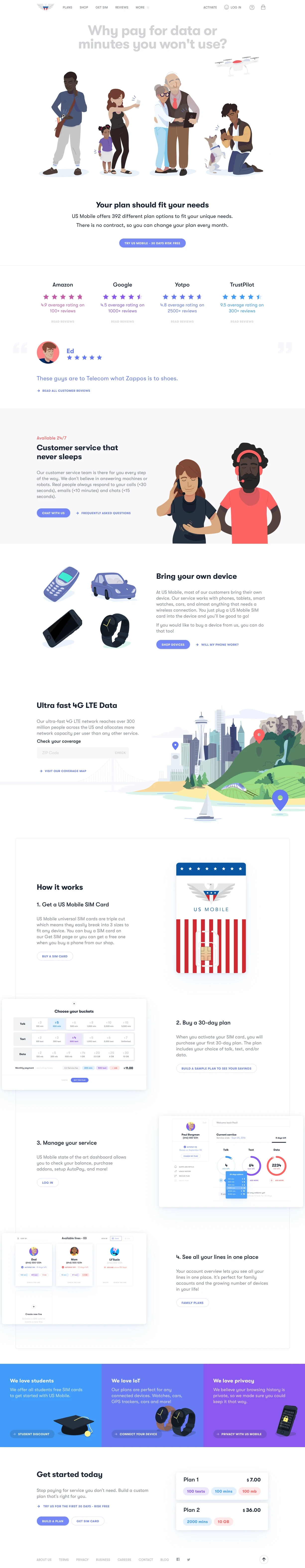 US Mobile Landing Page Example: US Mobile is a prepaid carrier with the best cell phone plans and unlocked phones.