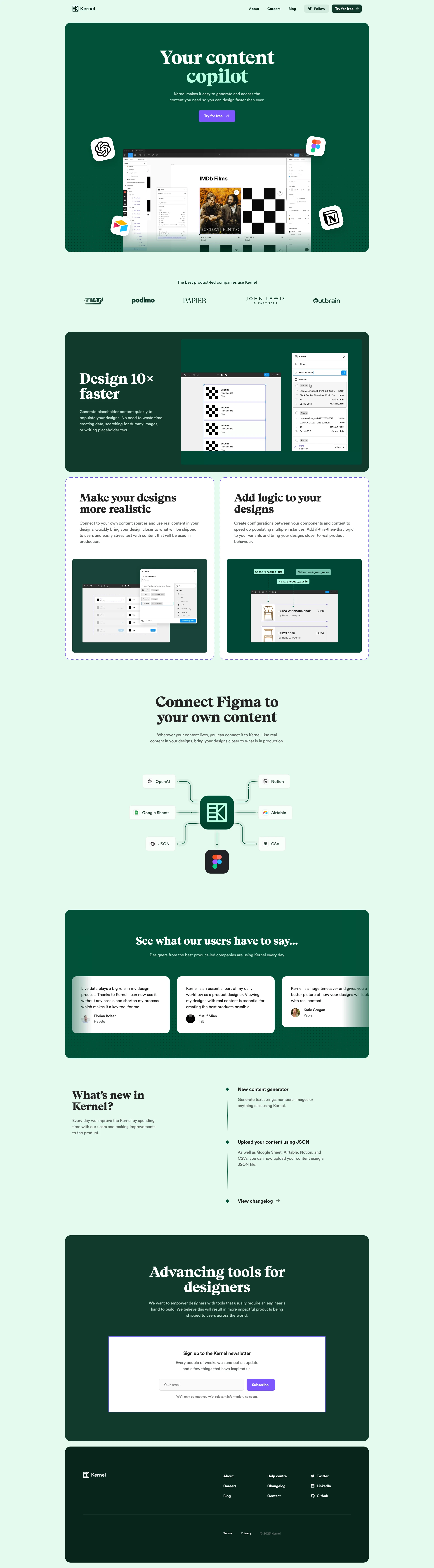 Kernel Landing Page Example: Your content ‍copilot. Kernel makes it easy to generate and access the content you need so you can design faster than ever.