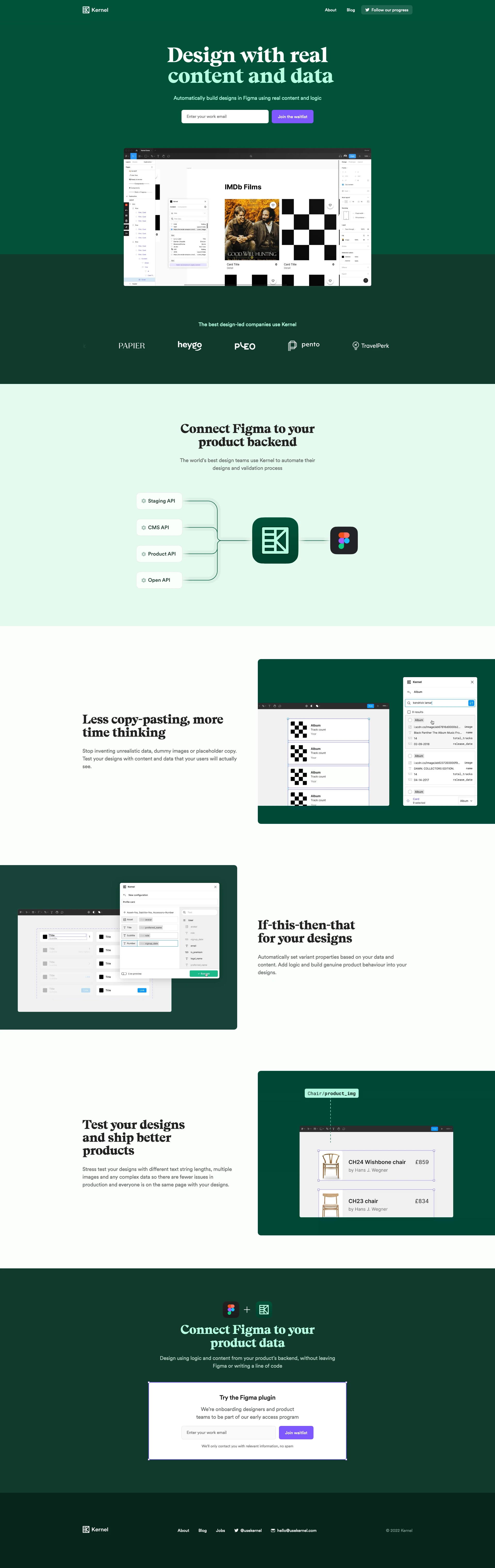 Kernel Landing Page Example: Connect Figma to live APIs. Without leaving Figma or writing a line of code, design using logic and content from your product’s backend.