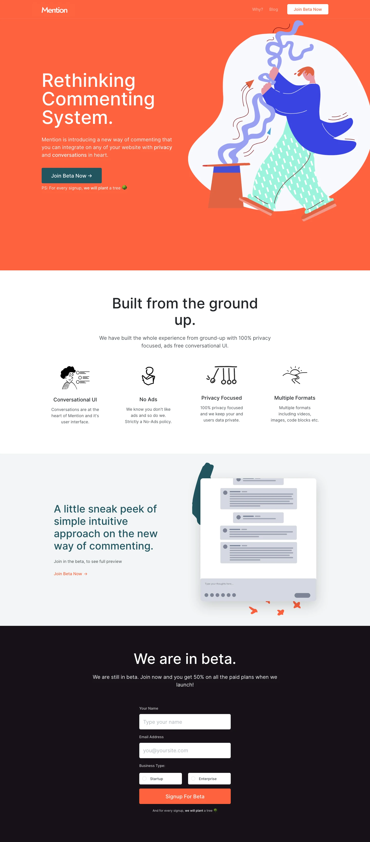 Mention Landing Page Example: Mention is introducing a new way of commenting that you can integrate on any of your website with privacy and conversations in heart