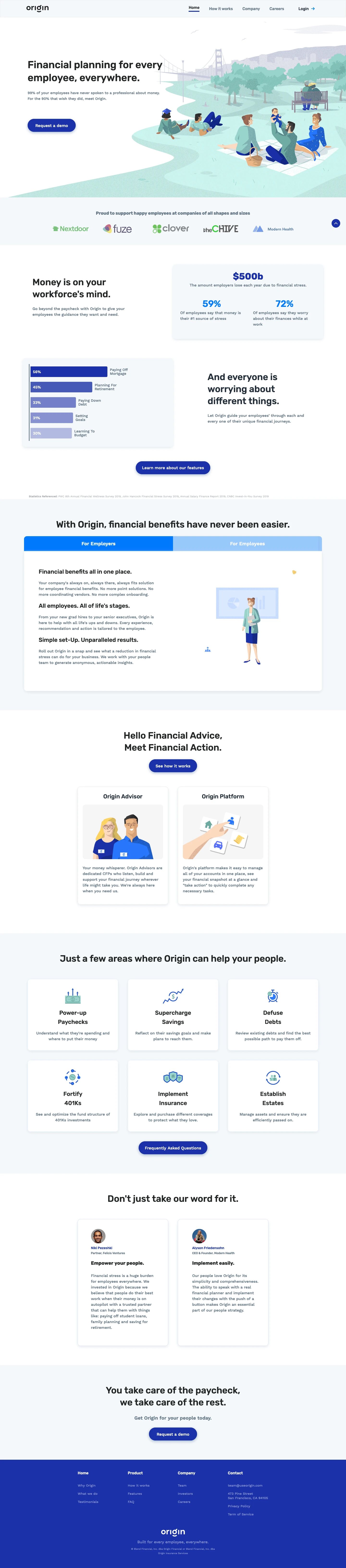 Origin Landing Page Example: Origin is the only platform that pairs leading financial technology with certified planners to help your employees understand and manage their financial lives.