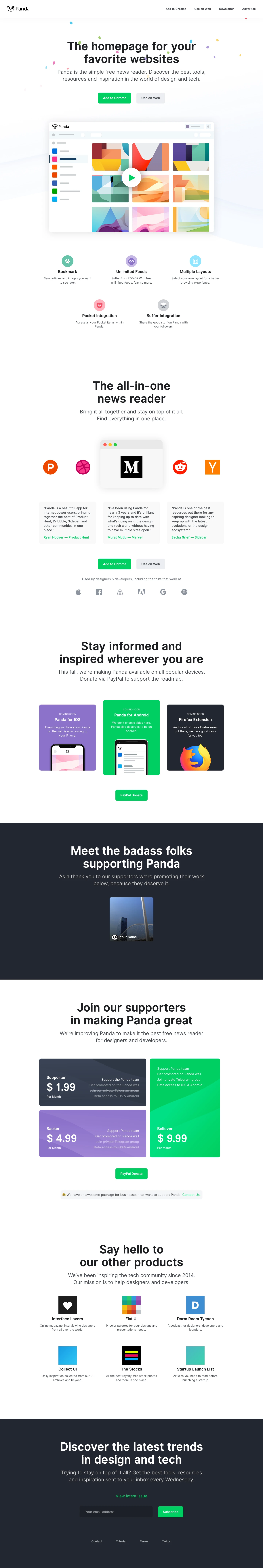 Panda Landing Page Example: The homepage for your favorite websites. Panda is the simple free news reader. Discover the best tools, resources and inspiration in the world of design and tech.