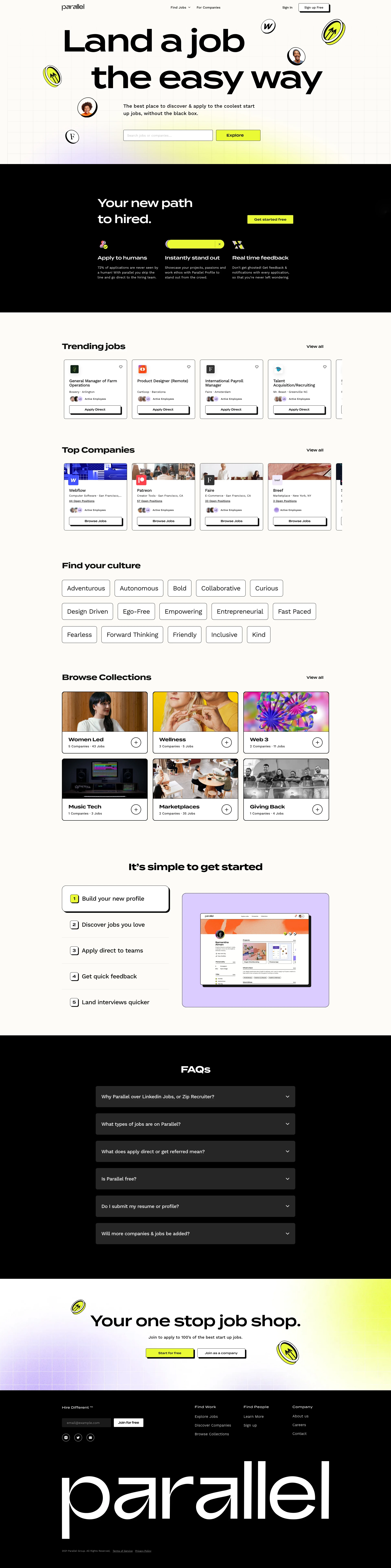 Parallel Landing Page Example: Land a job coins the easy way. The best place to discover & apply to the coolest start up jobs, without the black box.