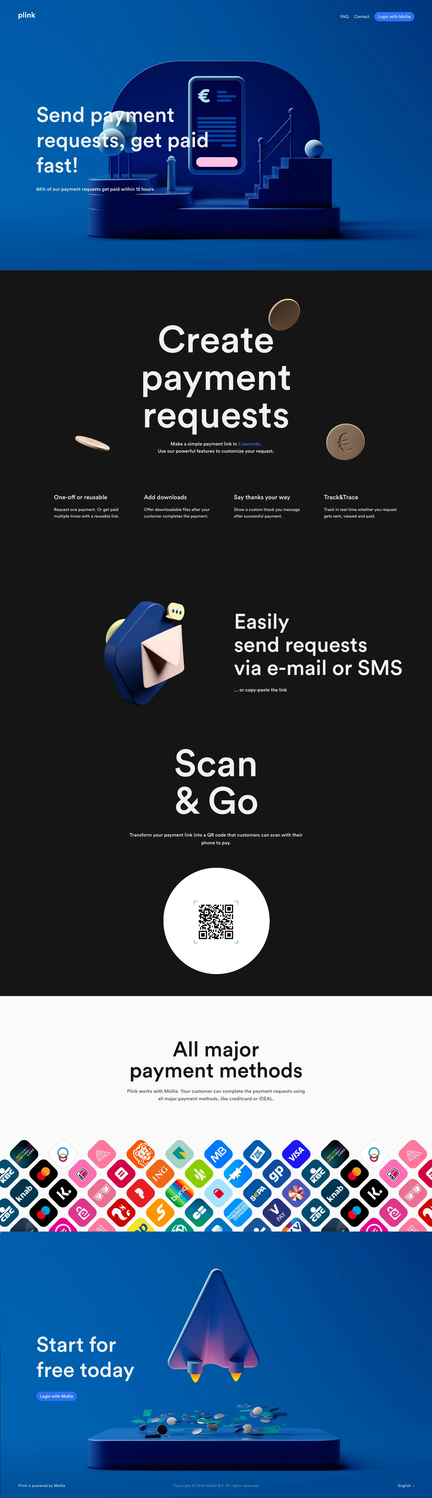 Plink Landing Page Example: Easily create payment requests and send to your customers via e-mail, SMS or by copy-pasting the link.