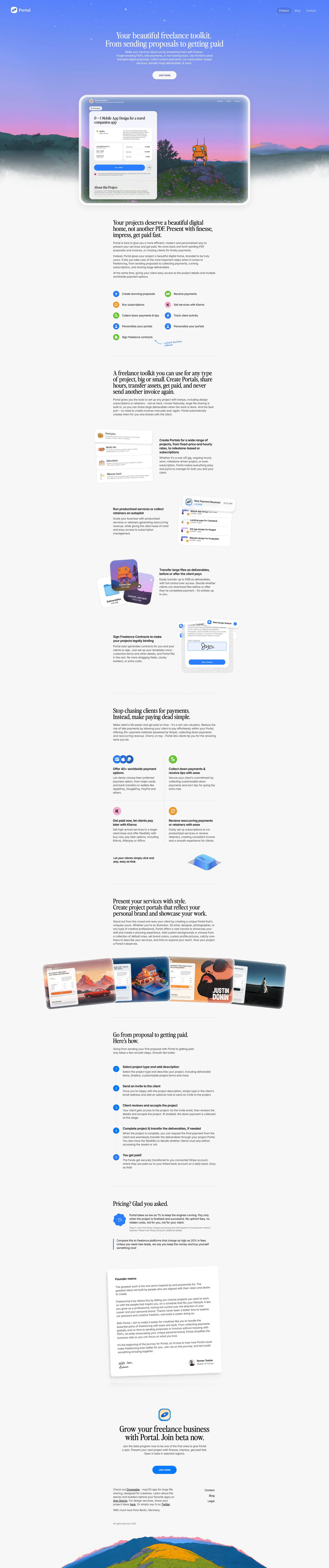 Portal Landing Page Example: Your beautiful freelance toolkit. From sending proposals to getting paid. Make your services stand out by presenting them with finesse. Forget emailing PDFs, late payments, or not hearing back.