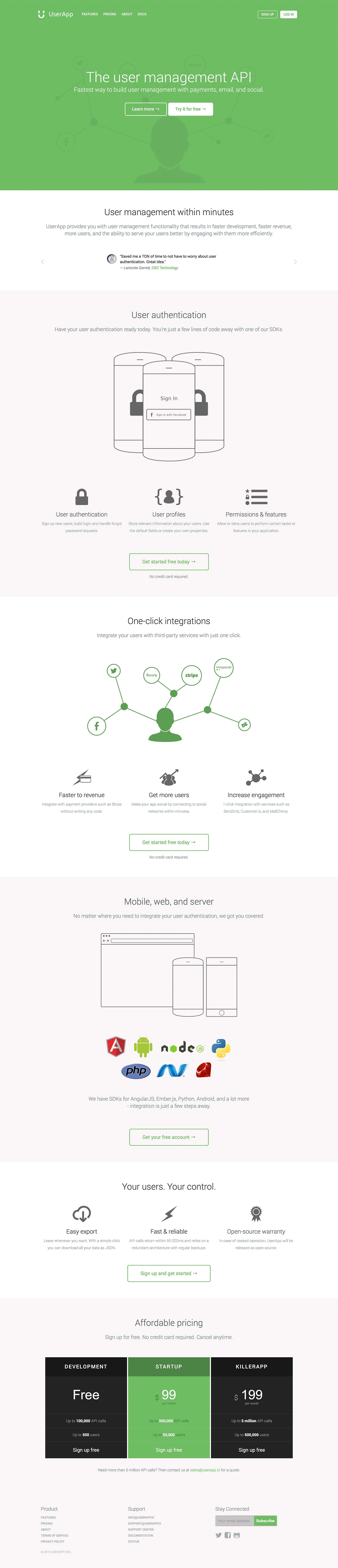 UserApp Landing Page Example: Cloud-based user management for web and mobile apps.