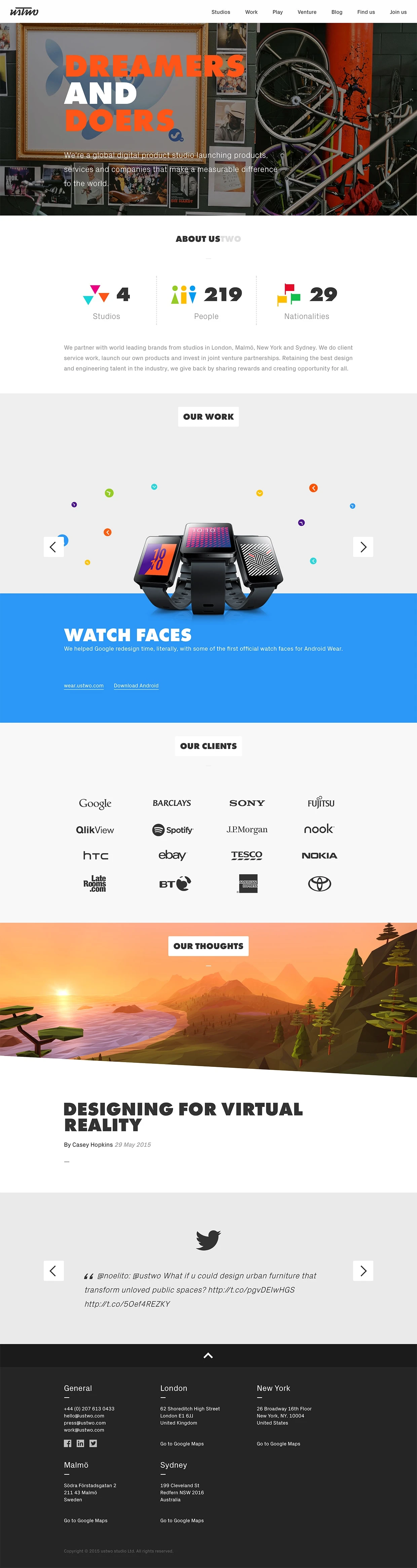ustwo Landing Page Example: We work with big brands to solve the huge problems – launching new products, services and companies that are of strategic importance and reliant on innovation.