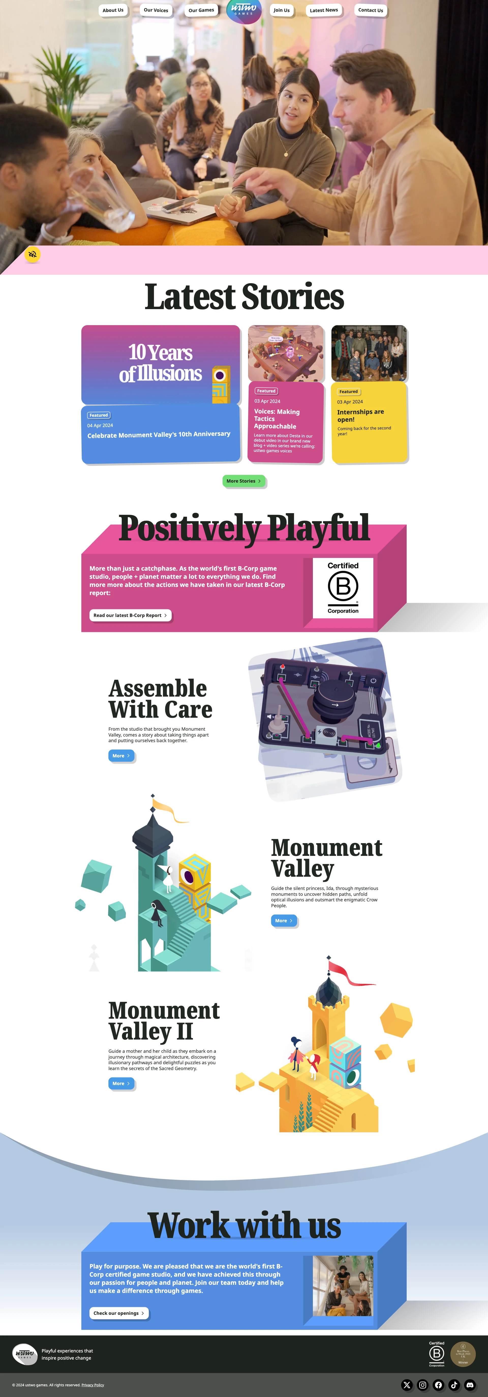 ustwo games Landing Page Example: We are a small (and creative, cool, passionate and great!) game studio, found in South London. We are best known for our award-winning Monument Valley series and the inspiring eco-adventure Alba: A Wildlife Adventure.