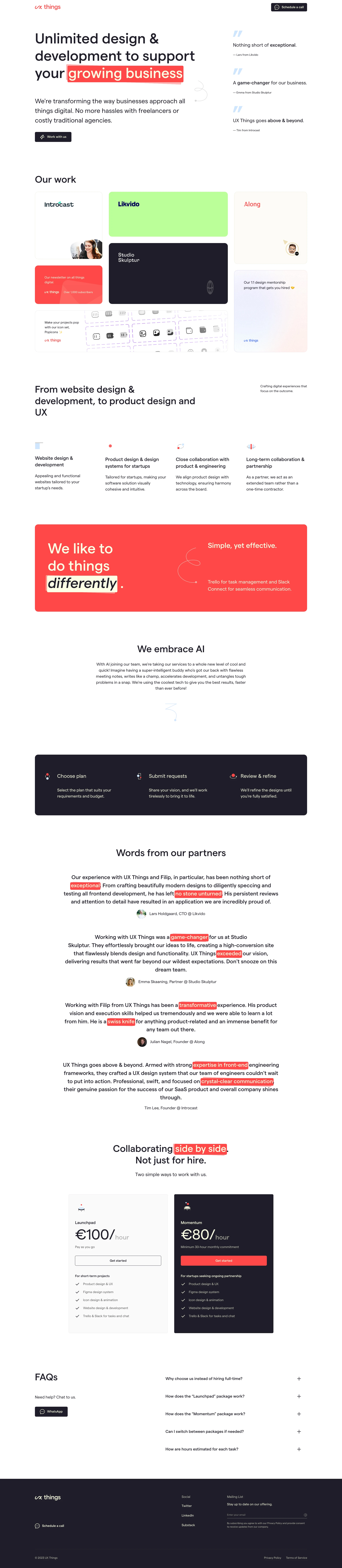 UX Things Landing Page Example: We offer unlimited design and development solutions to support your growing business. Our focus is on delivering outcomes that drive success and growth. Partner with us to transform your digital presence.