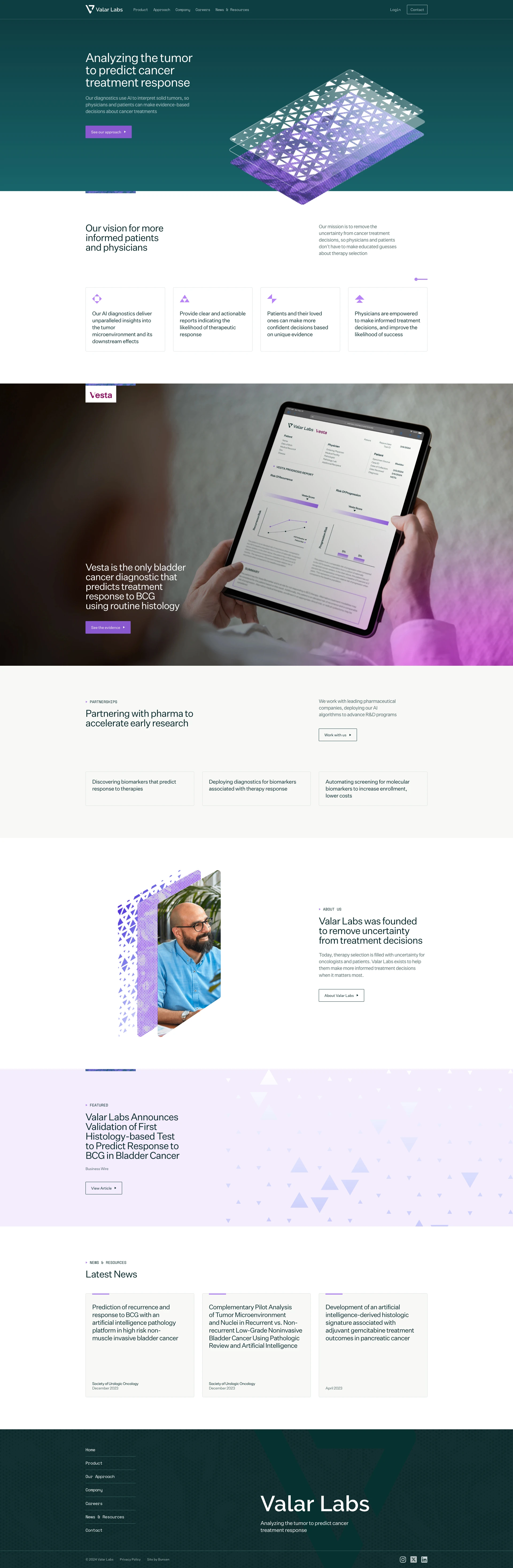 Valarlabs Landing Page Example: Valar Labs makes diagnostics that use AI to interpret solid tumors and deliver insights, so physicians and patients can make informed treatment decisions.