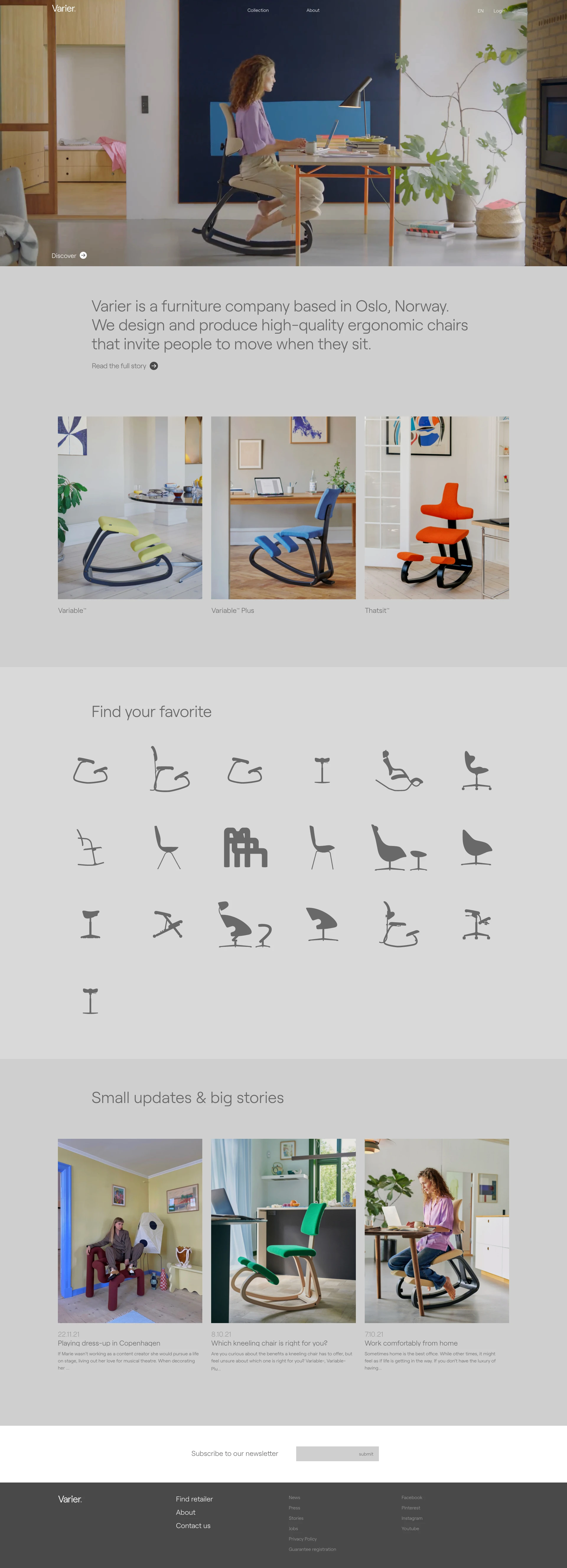 Varier Furniture Landing Page Example: Varier is a furniture company based in Oslo, Norway. We design and produce high-quality ergonomic chairs that invite people to move when they sit.