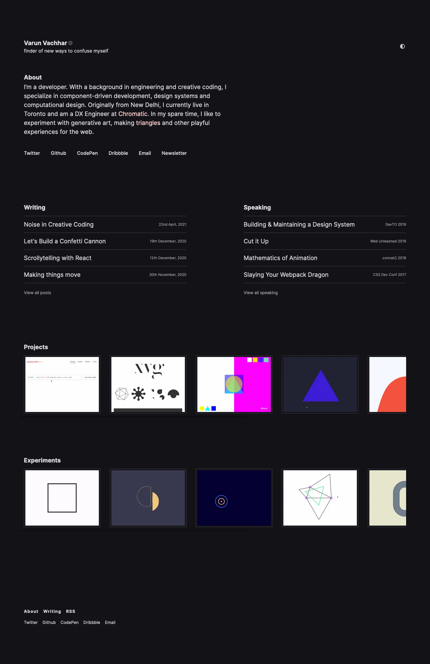 Varun Vachhar Landing Page Example: I am a developer with a strong focus on design, interactivity and animation. Originally from New Delhi, I currently live in Toronto and am the Director, UI Architecture at Rangle.io. In my spare time, I like to experiment with creative coding, making triangles and other playful experiences for the web.