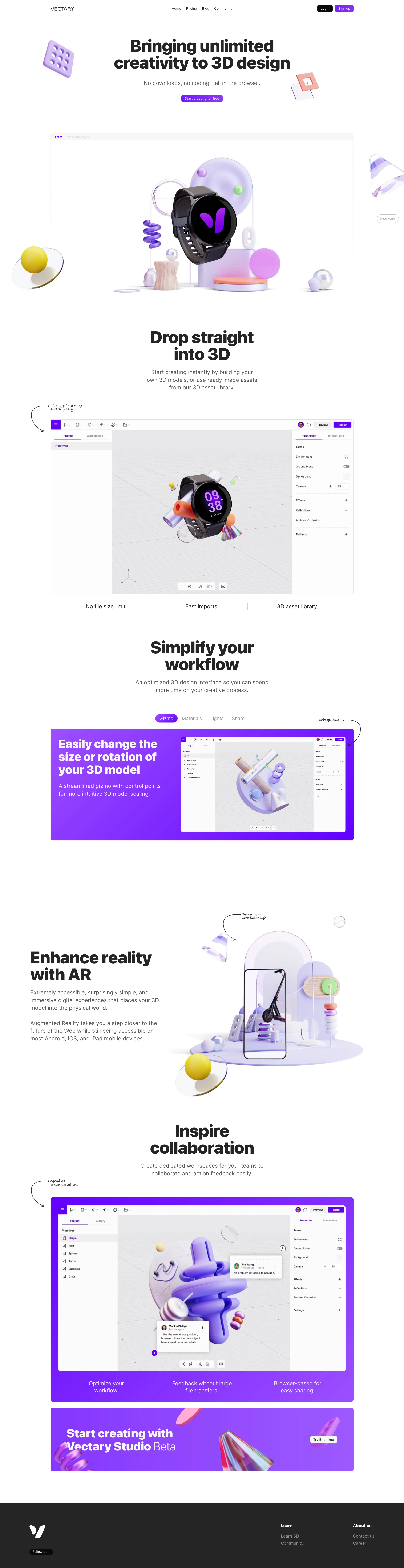 Vectary Landing Page Example: Create and share 3D design content for the web. A fully-featured 3D modeling tool with photorealistic real-time rendering, and an app-free augmented reality experience.