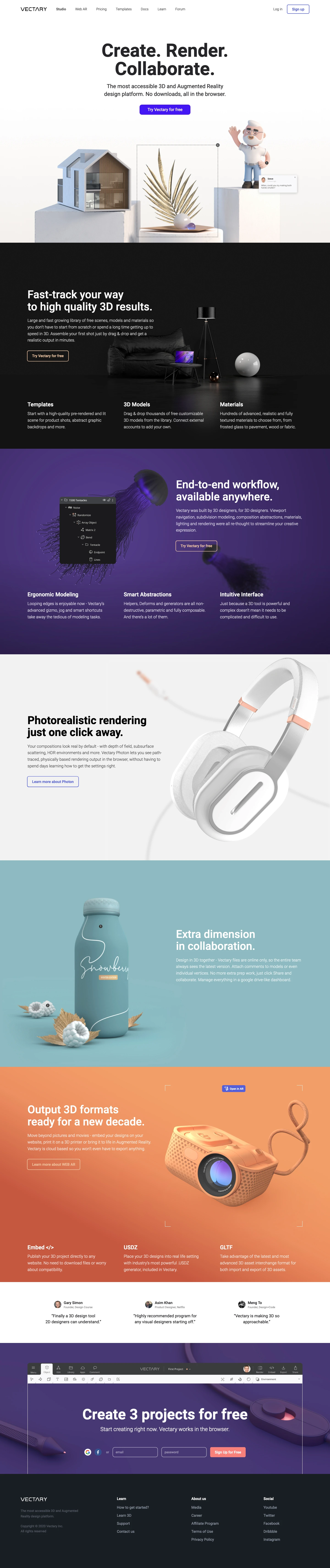 Vectary Landing Page Example: The most accessible 3D and Augmented Reality design platform. No downloads, all in the browser.