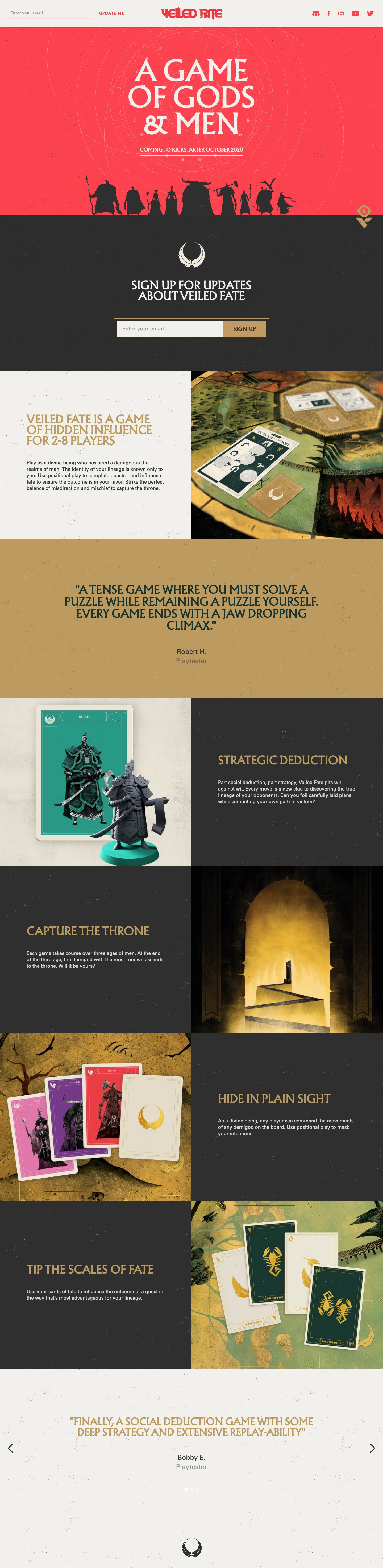 Veiled Fate Landing Page Example: Part social deduction, part strategy, Veiled Fate pits wit against wit. Every move is a new clue to discovering the true lineage of your opponents. Can you foil carefully laid plans, while cementing your own path to victory?